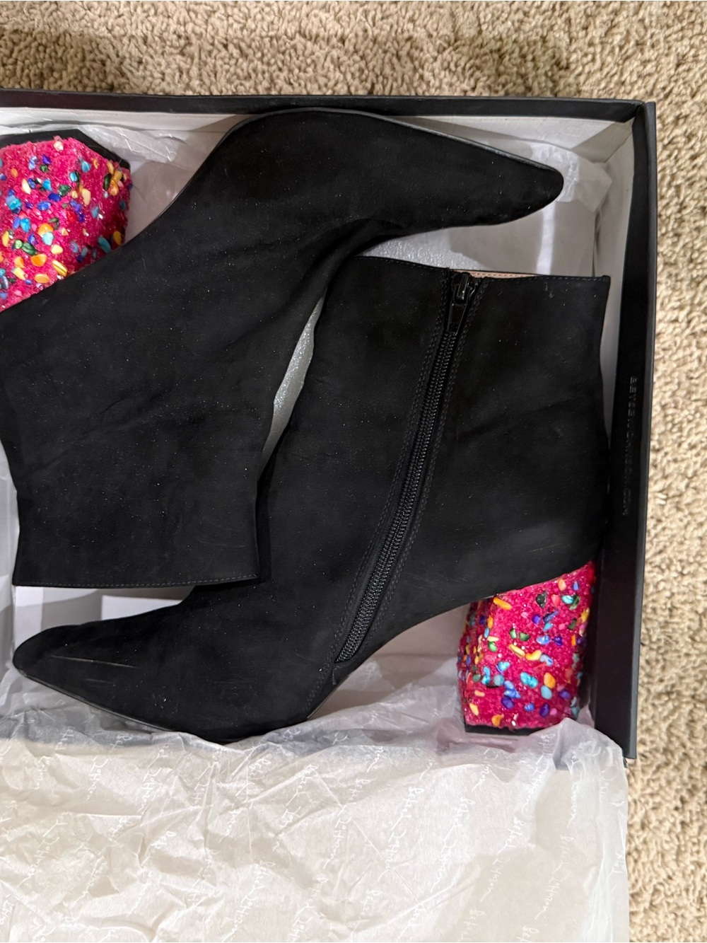 Betsey Johnson KassieBlack Suede Ankle Booties with Multicolor Beaded Block Heel - Picture 2 of 9